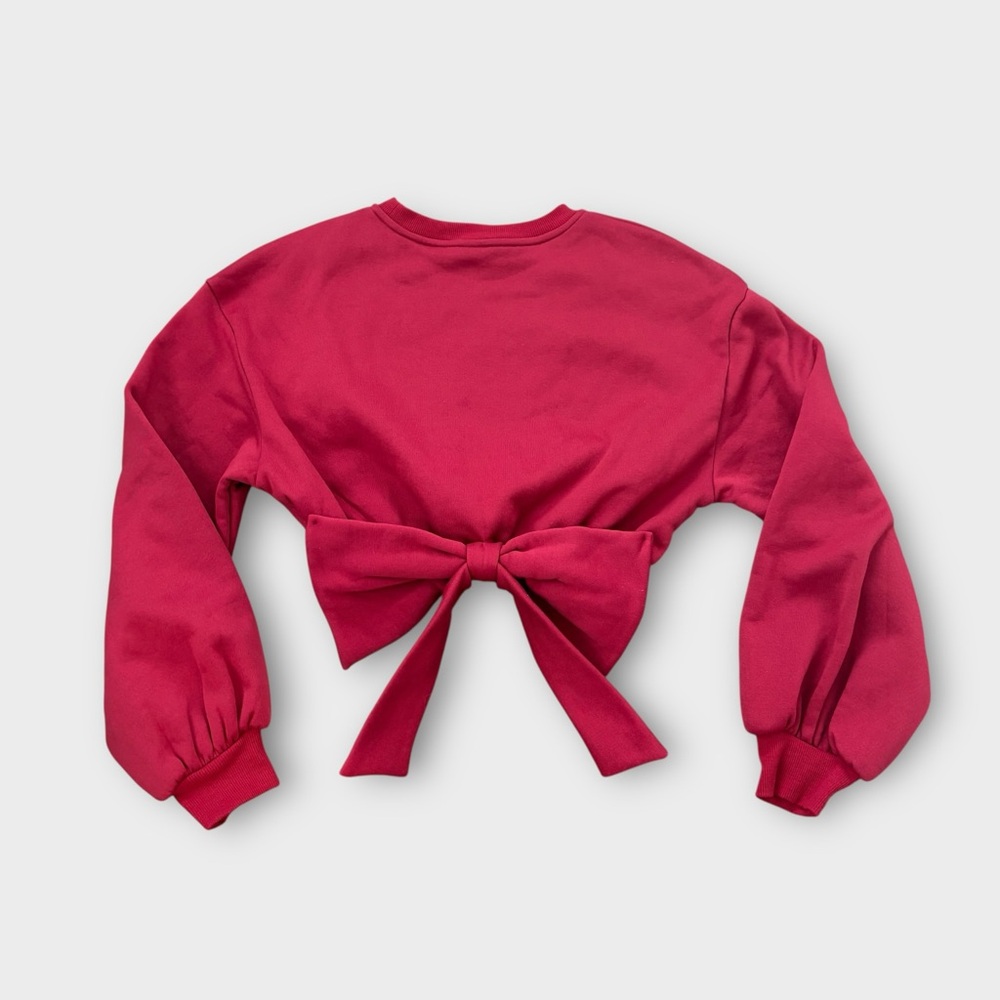 SHEIN Red Bow Balloon Sleeve Cropped Sweater - Romantic, Cute